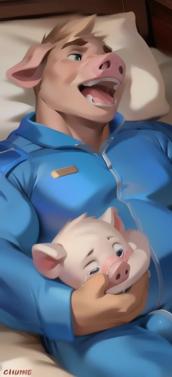  Baby pig Crying​, male​ Tall​, sleepless,bed, Hugging a baby pig with a blanket,big pig​,blue military spacesuit, overweight, muscular, I opened my mouth as if I wanted to eat baby pig, by chunie