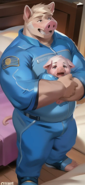  Baby pig Crying​, male​ Tall​, sleepless,bed, Hugging a baby pig with a blanket,big pig​,blue military spacesuit, overweight, muscular, I opened my mouth as if I wanted to eat baby pig, by chunie