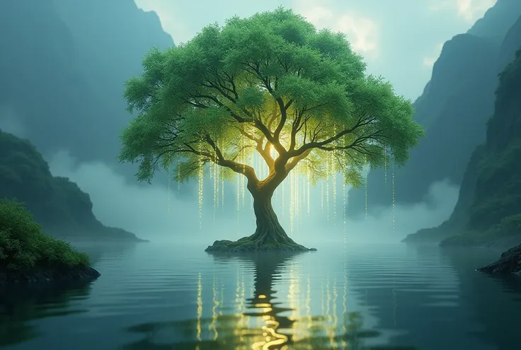  a tree is floating in the water。 is shining。 Fantastic。Light is dripping from a tree 。