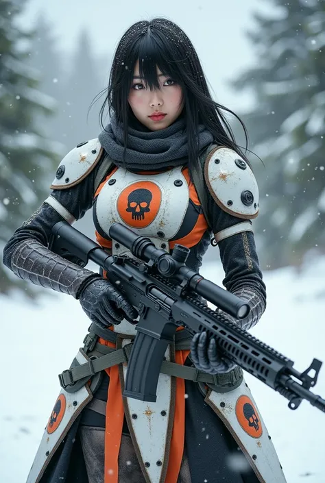 A sexy beautiful Japanese woman with waist-length black hair, with a large handset, dressed in a futuristic medium breast cleavage warrior costume with a white steel plate decorated with an orange with a black skull logo in the middle. Holding a large snip...