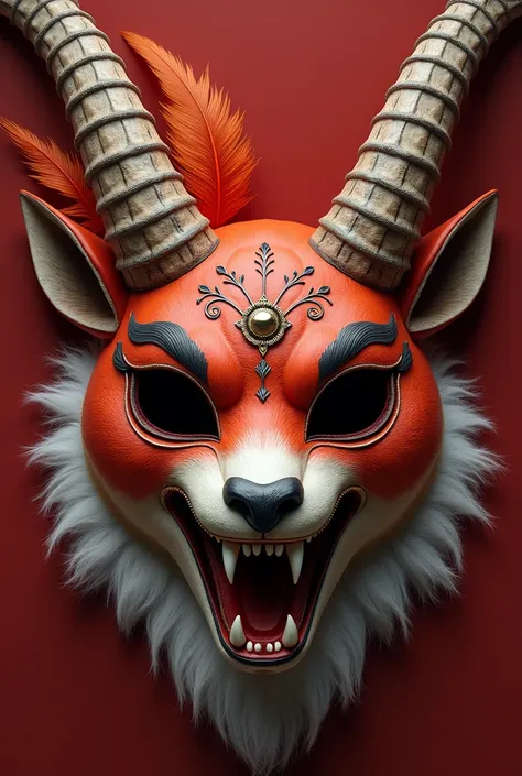  Graphic image of a cuckoo mask with teeth , horns,  red color ,  sheepskins ,  goat or other animals ,  feathers ,  tassels ,  sequins ,  mirrors , части или цели черепи от hornsти животни (a ram, goat,  snark , deer )  with fangs ,  bells and other bells...