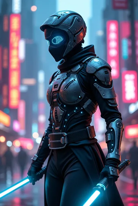 "Futuristic ninja warrior in a neon-lit cityscape, wearing a sleek black and silver armor with glowing blue circuits and a holographic mask, holding a katana with a glowing AI-powered blade."