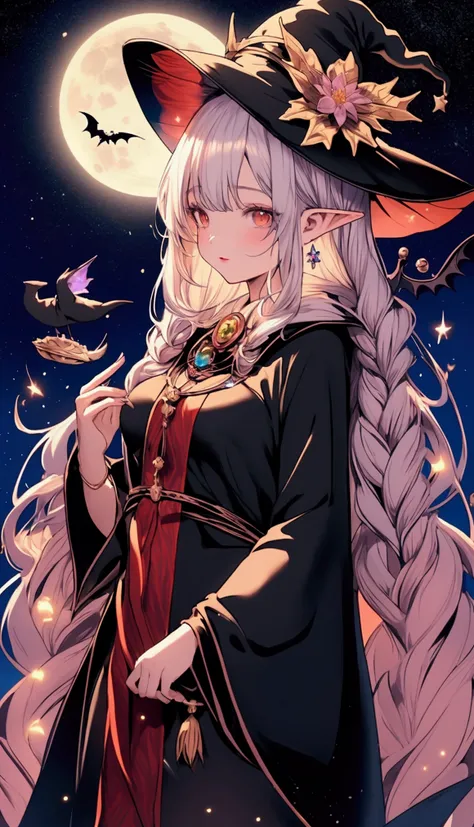 masterpiece,  best quality,1 woman,adjusting clothes, with open lips ,bat,Blusher,curtsey,curtseytie,Breasts,brown eyes, brunette ,cloak,cloud,cloudy sky,crescent moon,dress,Fantasy,flower,Full body,Luminous,Luminous flower,hat,Carrying ,Carrying  employee...