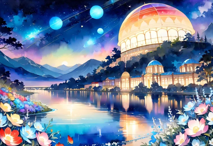 ((( elaborate watercolor painting depicting a beautiful night landscape with a view of the domed roof))),(((Soul Love ))),(( top quality ,masterpiece:1.5)),((Tartarian style )),((Jupiter)),((Olympus )),(( Overall Bluish )),(Large colorful photons:1.5),( Sp...