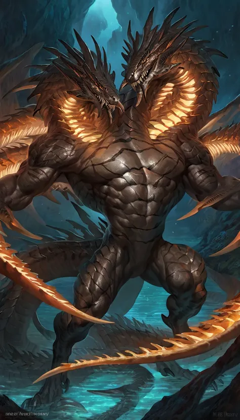 Muscular monster shark, solo, body made of steel, hydra, monster, feral, multiple serpent like heads, strong, metallic scales, eldrich horror, transparent torso with bones, scars on body, 1male solo,feral, muscular, small waist, thick tail, thick scales on...