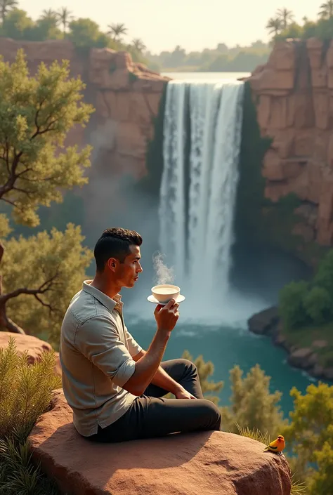 Ronaldo drinks tea at Ouzoud Falls