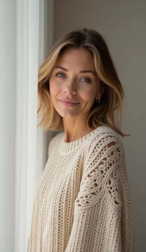 A 35-year-old woman in a soft, knitted sweater, standing in front of a light-colored wall with soft lighting.