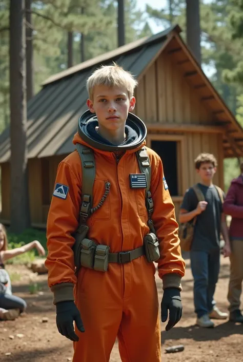 A young, kind, and charismatic 18-year-old male with short blond hair, wearing an orange spacesuit, leading a group of people in building a wooden cabin in a slightly ruined forest camp. Full-body shot, natural lighting."