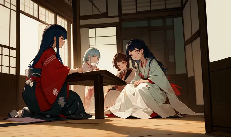 Three women are sitting around a table set on the floor of the room, having fun, wearing Japanese clothes.