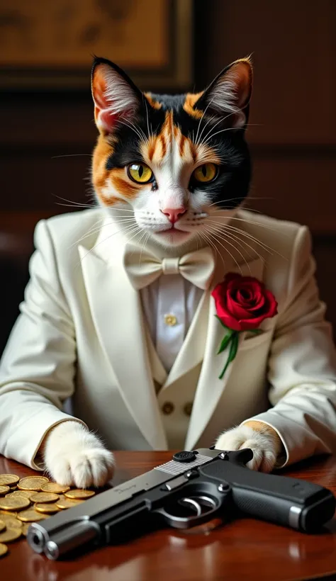 A calico cat in a crisp white tuxedo with a red rose in the lapel, seated in a smoky private room. It has one paw resting on a pile of gold coins while a silver pistol lies casually on the table, its piercing eyes demanding respect."