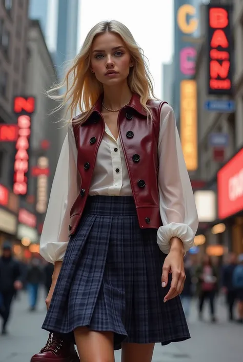 A blond woman with burgundy leather sleeveless jacket with large black buttons, white organza longsleeve top, dark blue tartan accordion skirt, burgundy sneackers with large bottom in New York city