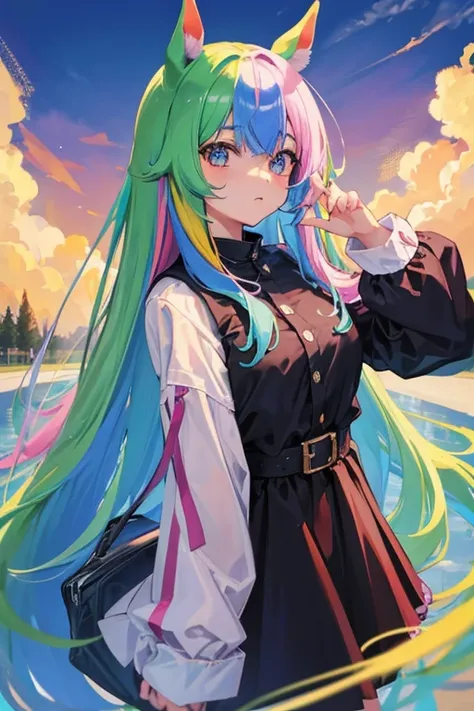 Horse Girl、Horse ears、Rainbow hair colour、 long hair、 odd-eye、best quality,