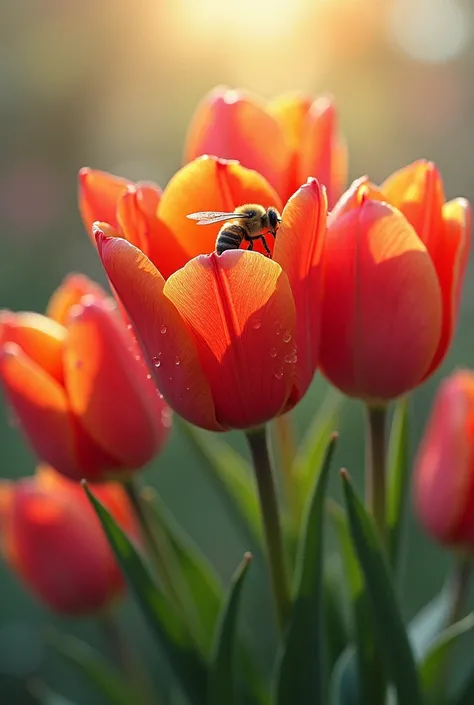 Une image réaliste et controversée, car elle relie la vérité à la fiction, caractérisée par la précision des détails, dun groupe de fleurs de tulipes, les feuilles des fleurs souvrent au bout, il y a une abeille qui suce le nectar du milieu, différentes co...