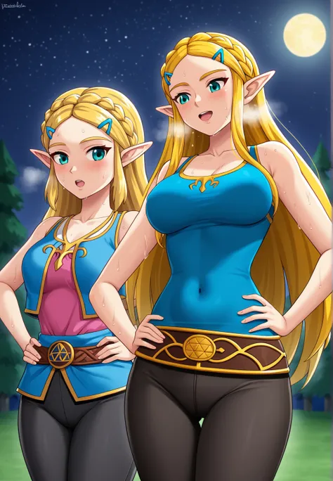 masterpiece, best quality, highres, aazelda, Princess_Zelda, long hair, crown braid, hairclip, pointy ears, blue tanktop,, black pants with yellow stripes, tight pants, night, standing, cowboy shot, outdoors, hands on hips, open mouth, out of breath, sweat...