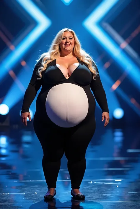 Create an ultra-realistic image of a very large, confident, overweight woman standing on a well-lit stage. The woman is wearing a form-fitting outfit inspired by the black-and-white pattern of a panda. The outfit is predominantly black, with a white sectio...