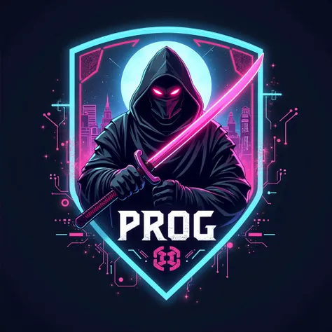 Make a Coat of Arms Similar to the Coat of Arms of the CS G2 team, but with the name ProG and a Ronin figure in CyberPunk colors in the background
