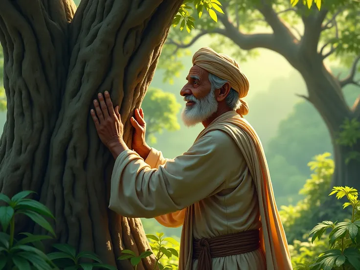 That same Indian old man touching a tree