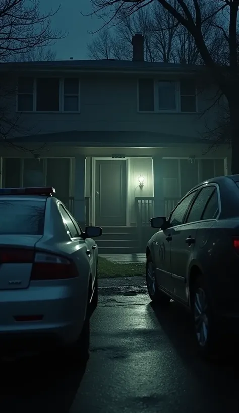 Scene 7:

A morning view of the house exterior. Police cars are parked outside. The front door is closed and locked from the inside. The windows are dark, and the house appears lifeless and mysterious.
