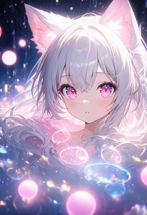 masterpiece, best quality, silver hair,pink eyes,cat ears,cat GIRL,extremely detailed CG unity 8k wallpaper, bokeh photography, (soft focus):1.2, out-of-focus highlights, dreamy ambiance, glowing circles, mesmerizing depth, 2.5D art