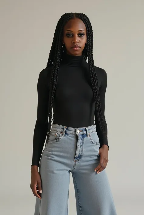 a brown woman with braided long black hair, standing confidently in light wash wide-leg jeans and a fitted black turtleneck, projecting a sophisticated and relaxed vibe