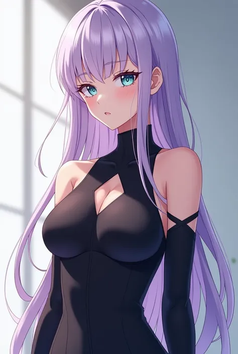 An anime-style young woman around 20 years old with long lilac hair cascading over her shoulders. A single, longer strand falls over her face, adding a touch of mystery and softness to her expression. Her eyes are light cyan, almost glowing, exuding a mix ...