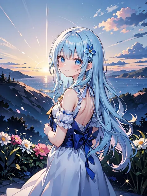 move、 High Quality 、dazzling、 gradation hair ,Young,5 talents, sunrise,強いundulating hair ,Eyes sparkling, Looking Back, long hair,Pure Smile,Light white light blue hair , blue eyes,scenery,Blue floral ornament, put your hands behind your back,Stylish,delic...