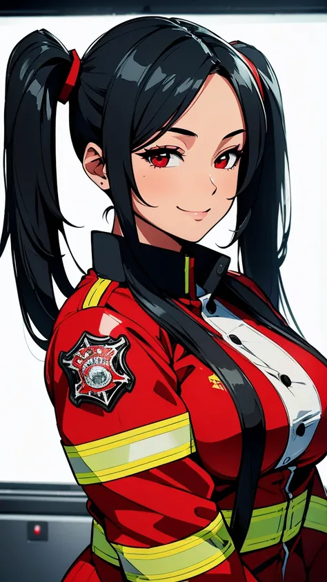 woman, firefighter, sexy body, curvy body, big breasts, cleavage, red eyes, long straight black hair, ((twintail hairstyle)), big hip, ((firefighter uniform, firefighter gears, firefighter)), smiling, beautiful face, detailed face, very detailed, beautiful...