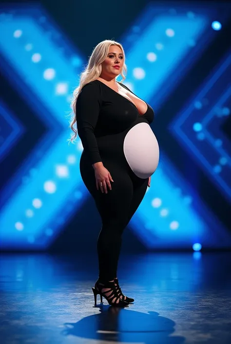 Create an ultra-realistic image of a very large, confident, overweight woman standing sideways on a well-lit stage. The woman is wearing a form-fitting outfit inspired by the black and white pattern of a panda. The outfit is predominantly black, with a whi...