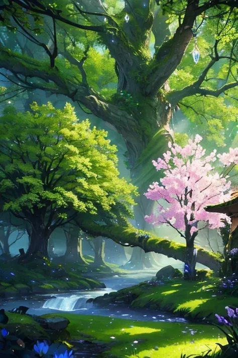 a fantasy forest with a giant tree, intricate detailed tree branches, glowing flowers blooming on the tree, beautiful detailed petals, magical lighting, ethereal atmosphere, vibrant colors, serene and peaceful environment, dreamlike landscape, 4k, ultra-de...