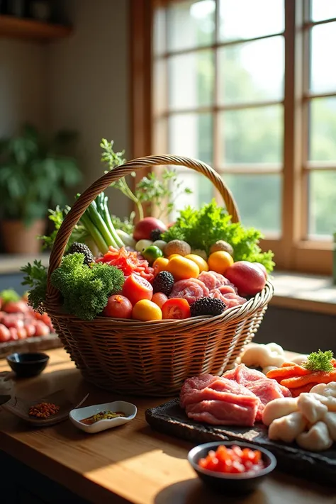 Basket full of colorful fruits ,vegetables ,meat and fish in am Japanese kitchen