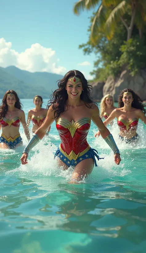 Wonderwomen are playing in the shallow sea water swimming and diving very happily looks real 