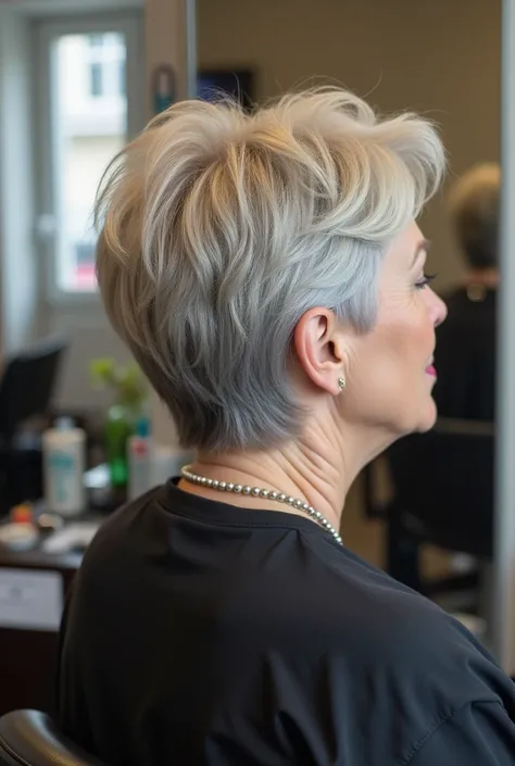 view of 3/ 4 rear , A 55-year-old woman ,  short hair between gray and blond ,  is sitting in the chair at the hairdressers to do her color .  She has a transparent plastic cap on her hair and her peaceful face can be seen in the large mirror in front of h...