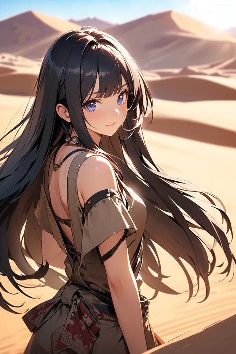 1 girl, (cute face), (long straight hair:1.2), (dark blue eyes), small breasts, slim, (wearing a rugged nomadic outfit), (with colorful fabrics), BREAK  
Vast desert landscape, rolling dunes, (oasis in the distance:1.2), (exploring the terrain:1.2), bright...