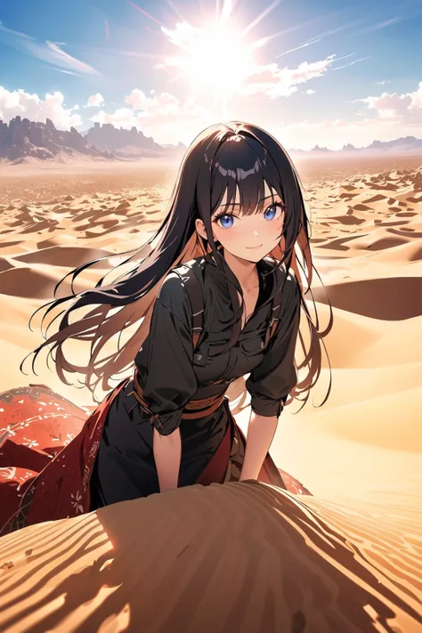 1 girl, (cute face), (long straight hair:1.2), (dark blue eyes), small breasts, slim, (wearing a rugged nomadic outfit), (with colorful fabrics), BREAK  
Vast desert landscape, rolling dunes, (oasis in the distance:1.2), (exploring the terrain:1.2), bright...