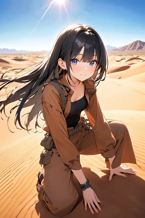 1 girl, (cute face), (long straight hair:1.2), (dark blue eyes), small breasts, slim, (wearing a rugged nomadic outfit), (with colorful fabrics), BREAK  
Vast desert landscape, rolling dunes, (oasis in the distance:1.2), (exploring the terrain:1.2), bright...