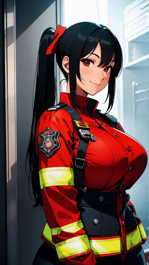 woman, firefighter, sexy body, curvy body, big breasts, cleavage, red eyes, long straight black hair, ((twintail hairstyle)), big hip, ((firefighter uniform, firefighter gears, firefighter)), smiling, beautiful face, detailed face, very detailed, beautiful...