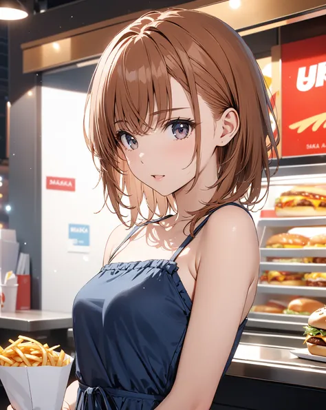 ( Japanese anime style),  cute, Fast food, (Misaka Mikoto), Small breasts, masterpiece:1.5, masterpiece, highest quality, UHD, retina, masterpiece, accurate anatomy, super detailed, high quality, best quality, 8k