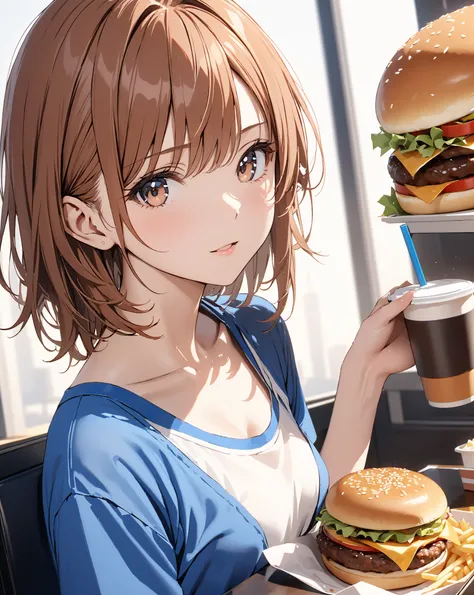 ( Japanese anime style),  cute, Fast food, (Misaka Mikoto), Small breasts, masterpiece:1.5, masterpiece, highest quality, UHD, retina, masterpiece, accurate anatomy, super detailed, high quality, best quality, 8k