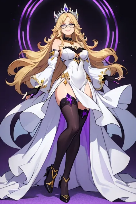 female, long blonde hair, blue eyes, (((1girl))), (((white regal dress with purple and black trim))), (black stockings), (purple heels), (gold bracelets), (gold necklace), (glasses), (black fingerless gloves), (white detached sleeves), cute and sexy, full ...