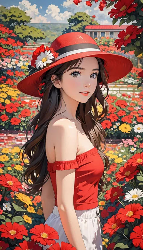 a red tube top and a black hat with flowers in the background, 1girl, solo, flower, hat, brown hair, long hair, looking at viewer