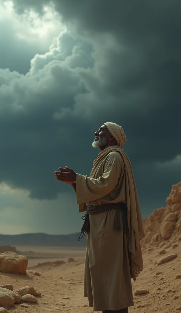 Poor ancient Arab man  looking at black clouds as if it is about to rain and he is happy