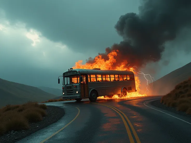 There is a bus standing on a hilly road, it has been struck by lightning and is burning