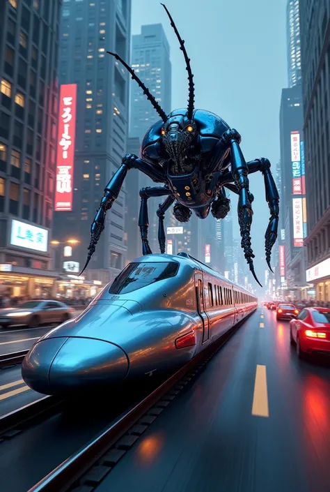 Bullet train and  big blue beetle combined  image,Background aria is night city 