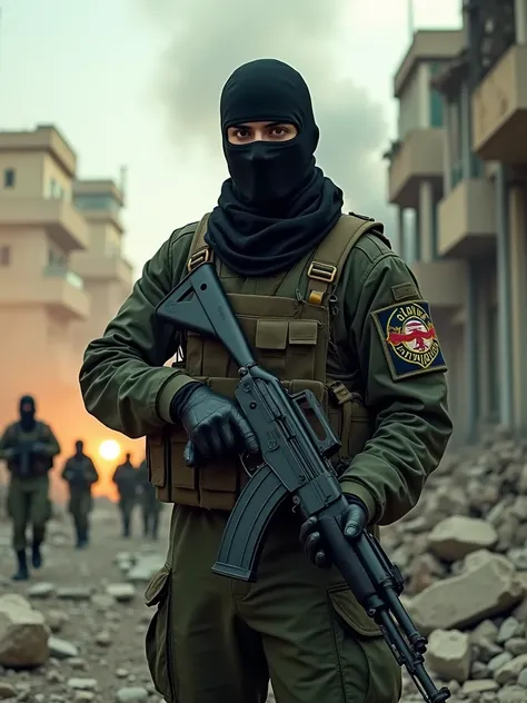 A masked man stands in a war-torn street, wearing a dark green military uniform with the emblem of Al-Qassam Brigades on his right arm. He grips an AKM 47 rifle tightly, his eyes glowing with determination and defiance. Behind him, the ruins of buildings l...