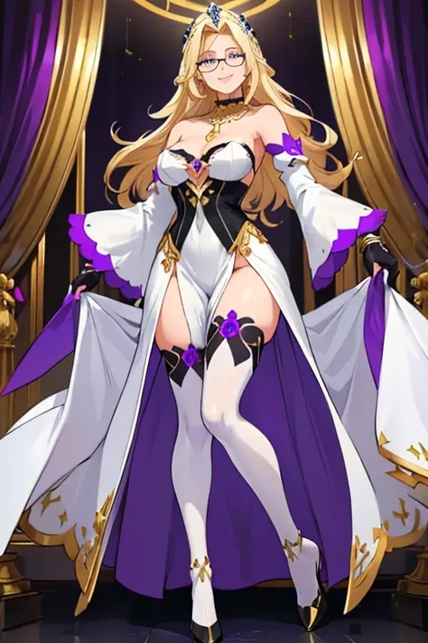 female, long blonde hair, blue eyes, (((1girl))), (((white regal dress with purple and black trim))), (black stockings), (purple heels), (gold bracelets), (gold necklace), (glasses), (black fingerless gloves), (white detached sleeves), cute and sexy, full ...