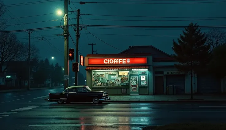 A deserted street at night with an old vintage car parked in front of a convenience store that also serves as a small café. On the corner, a traffic light casts a faint glow on the wet pavement. Next to the convenience store labeled “Coffee,” a dark alley ...