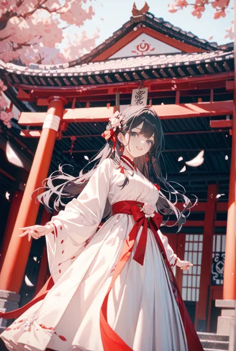 デフォルメ, anime character, black long-haired girl, Shrine maiden,Shrine maiden costume White tops and red bottom, Dance a splendid dance,
 high definition , masterpiece, accurate,  