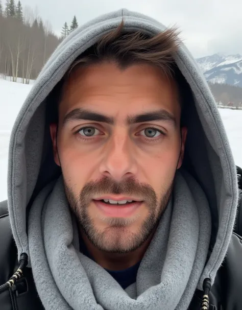 Close-up selfie photo of a young man gray knit hood and scarf, hair peeking out, playful expression(best quality)),((high detail)),((ultra realistic,))