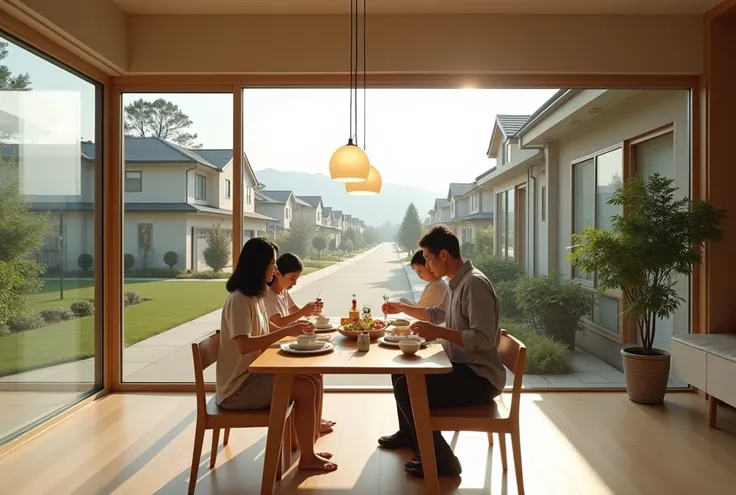 A realistic photograph of a modern dining room in a brand-new Japanese home, showing a family of four—two parents and two ren—seated at a sleek wooden dining table, enjoying a casual meal together. The room is bathed in natural light from large, clear glas...