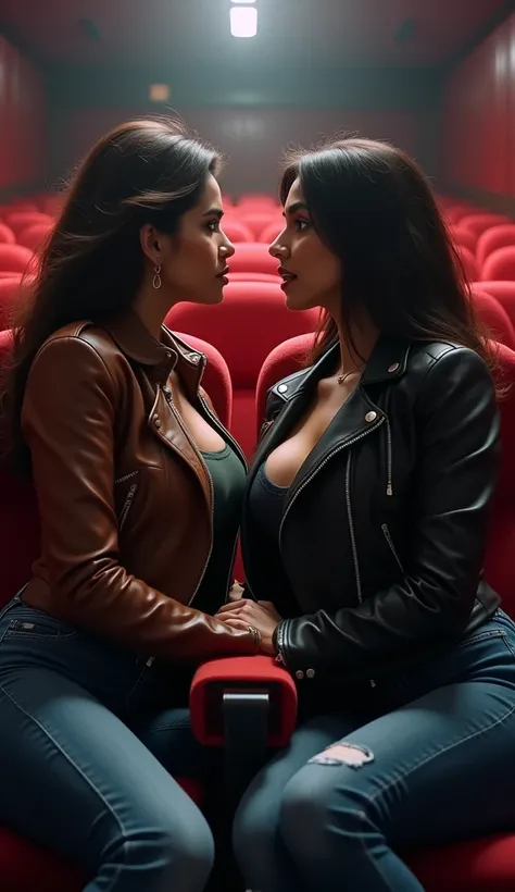 Two Indian women rivals sitting next to each other in pvr theater staring hatefully each other so close to each other both women wearing tight jeans and one wearing brown leather jacket and other wearing black leather jacket long very big breast curvy figu...